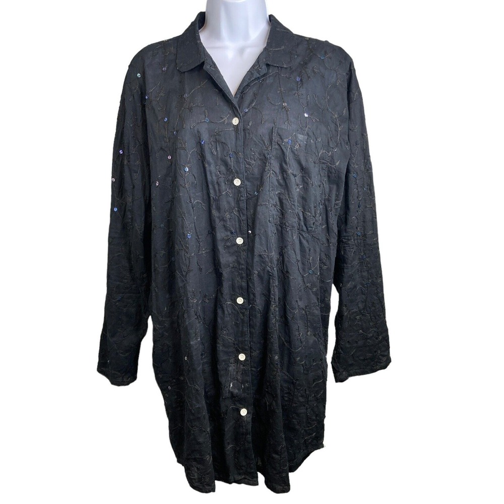 GRAHAM KANDIAH Black Embroidered Shirt Dress Sz L Moto-Boho Flowy Lagenlook Chic